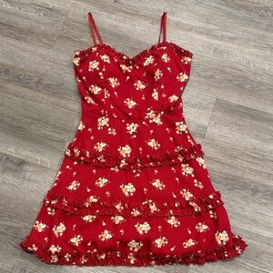 Blue Rain Red Floral Dress with Ruffles